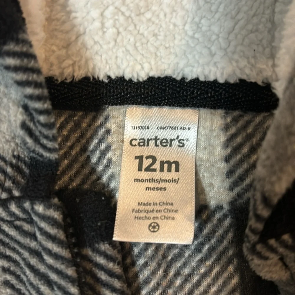 Carters Jumpsuit- Buffalo plaid black and gray with cute little bear- 12 months